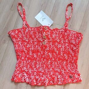 Roxy 90s Vintage Crop Top Smocked Floral Red White XS NWT